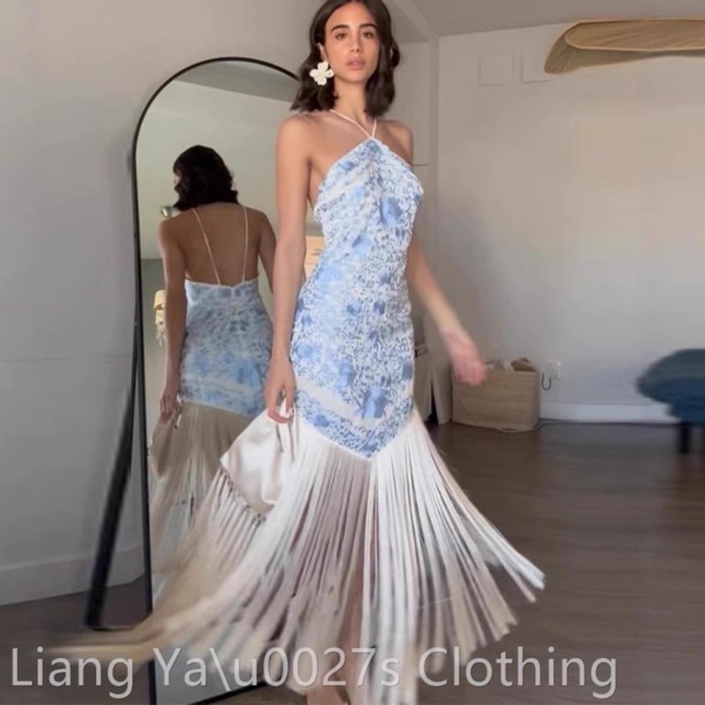 Light Blue Halter Fringe Midi Dress